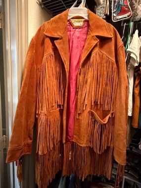 Vintage Suede Fringe Jacket in Rust with Pink Lining